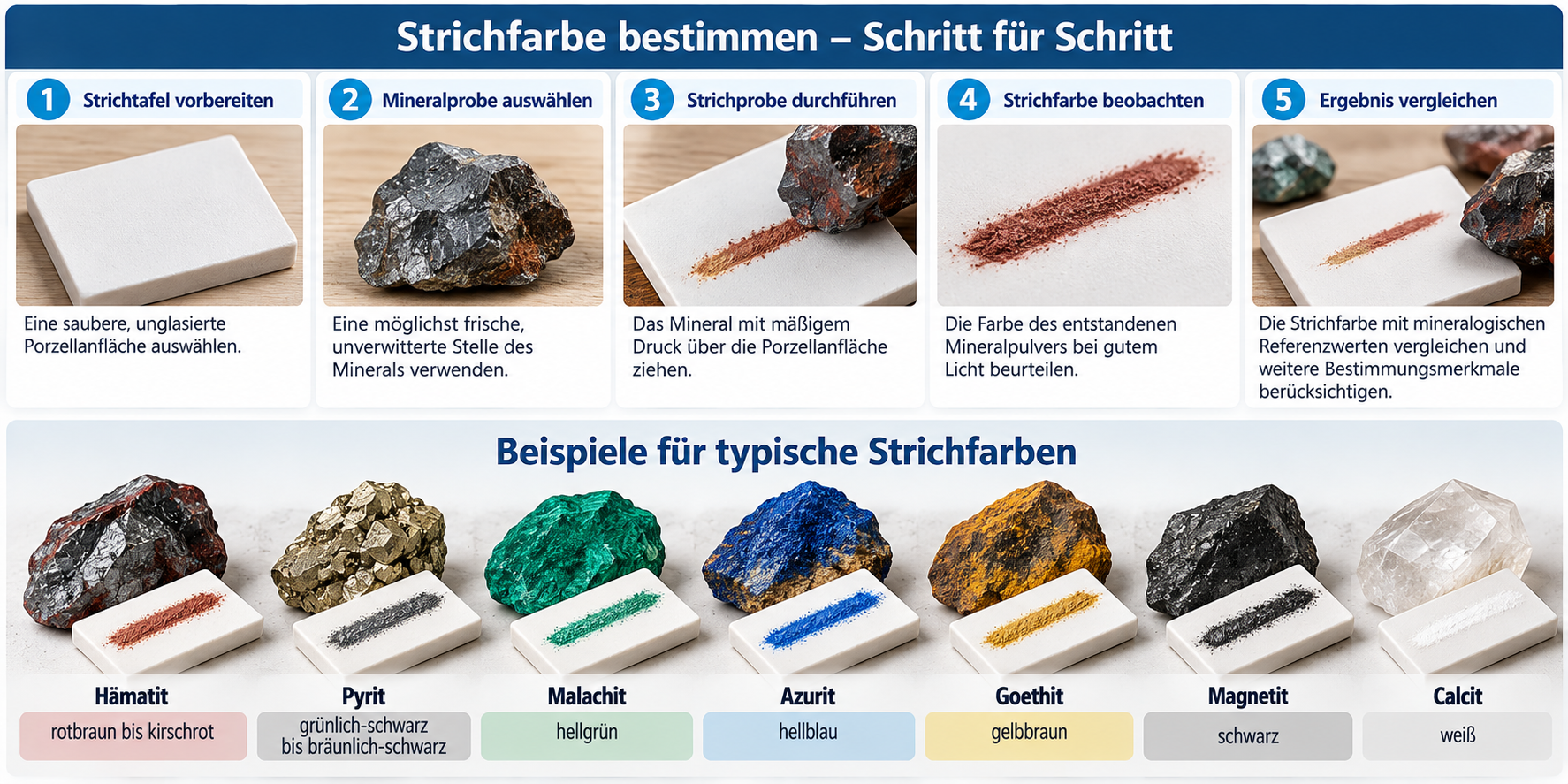 Strichfarbe von Mineralen bestimmen – Anleitung in fünf Schritten mit Strichtafel und Beispielen für Hämatit, Pyrit, Malachit, Azurit, Goethit, Magnetit und Calcit
