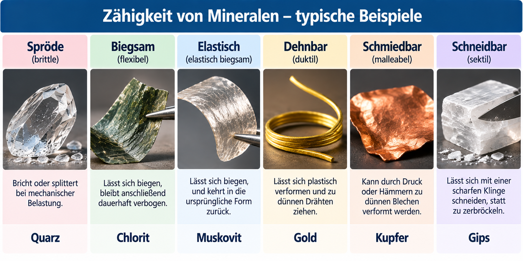 Zähigkeit von Mineralen – Vergleich der Eigenschaften spröde, biegsam, elastisch, dehnbar, schmiedbar und schneidbar anhand von Quarz, Chlorit, Muskovit, Gold, Kupfer und Gips