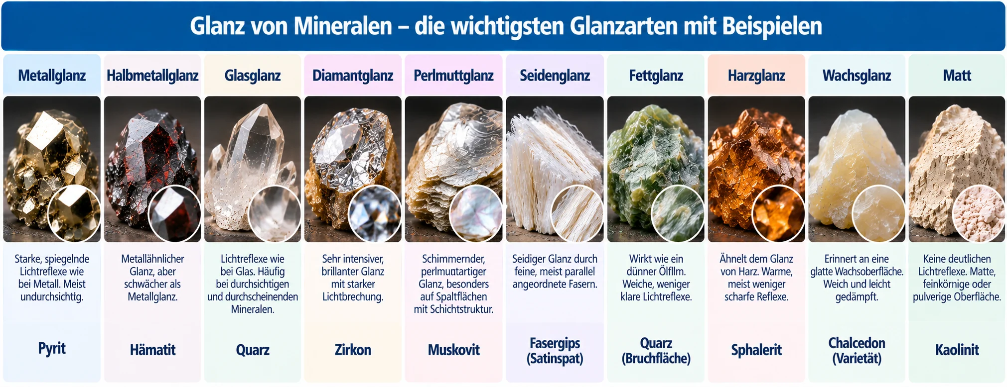 Zehn Glanzarten von Mineralen im Vergleich: Metallglanz, Halbmetallglanz, Glasglanz, Diamantglanz, Perlmuttglanz, Seidenglanz, Fettglanz, Harzglanz, Wachsglanz und matt mit typischen Mineralbeispielen.