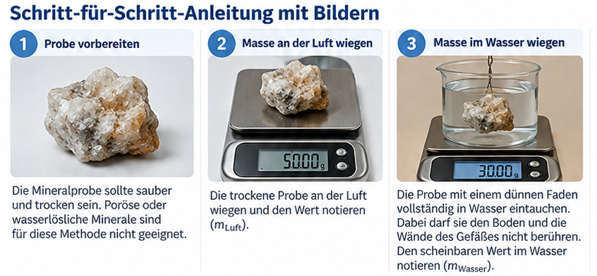 mineralien-dichtebestimmung-hydrostatische-waegung Hydrostatische Dichtebestimmung von Mineralen in drei Schritten: Probe vorbereiten, an der Luft wiegen und im Wasser wiegen