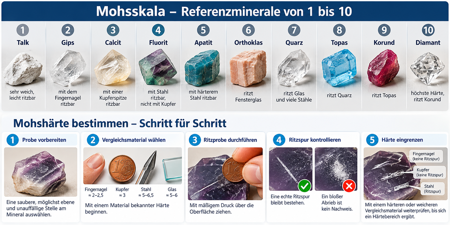 Mohshärte von Mineralien bestimmen – Ritzprobe zur Härtebestimmung nach der Mohsskala